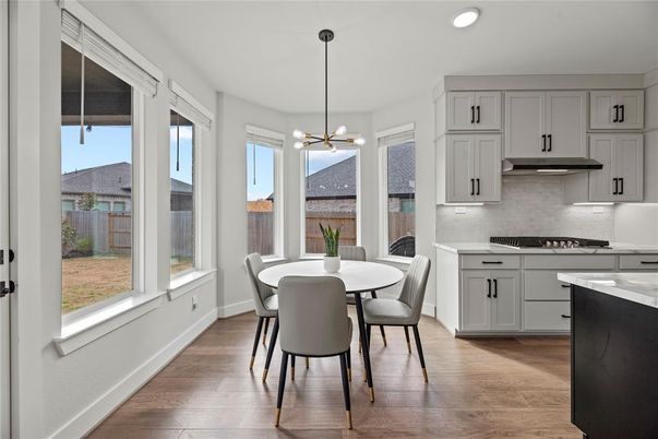 Dining room, Interior, Kitchen, Pendant Lights, Recessed Lighting, Wood Texture Flooring