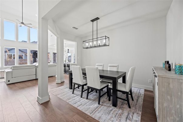 Dining room, Interior, Living room, Pendant Lights, Recessed Lighting, Wood Texture Flooring