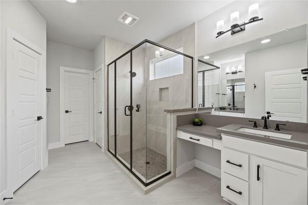 Bathroom, Dual Sink Vanities, Glass Shower, Interior, Recessed Lighting
