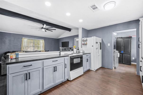 Interior, Kitchen, Recessed Lighting, Wooden Beams, Wood Texture Flooring