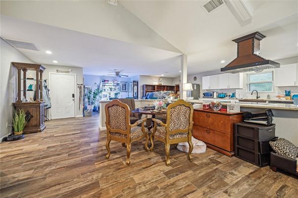 Dining room, Interior, Kitchen, Recessed Lighting, Wood Texture Flooring