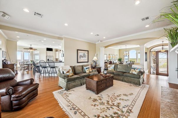 Chandelier, Dining room, Interior, Kitchen, Living room, Pendant Lights, Recessed Lighting, Wood Texture Flooring