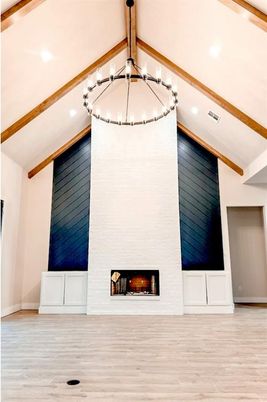 Empty room, Fireplace, Interior, Pendant Lights, Recessed Lighting, Wooden Beams, Wood Texture Flooring