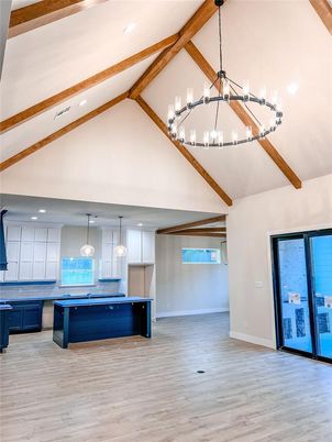 Empty room, Interior, Kitchen, Pendant Lights, Recessed Lighting, Wooden Beams, Wood Texture Flooring