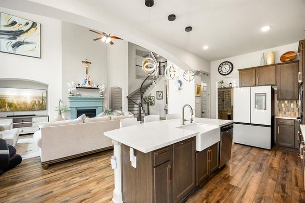Fireplace, Interior, Kitchen, Living room, Pendant Lights, Recessed Lighting, Wood Texture Flooring