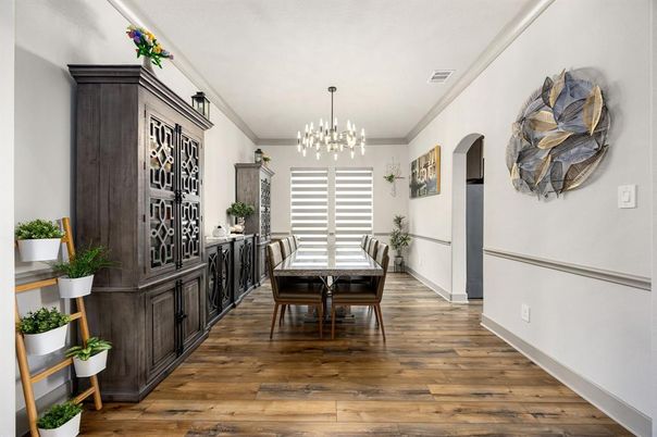 Chandelier, Dining room, Interior, Wood Texture Flooring