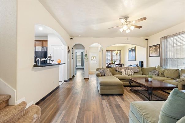 Dining room, Interior, Kitchen, Living room, Recessed Lighting, Wood Texture Flooring