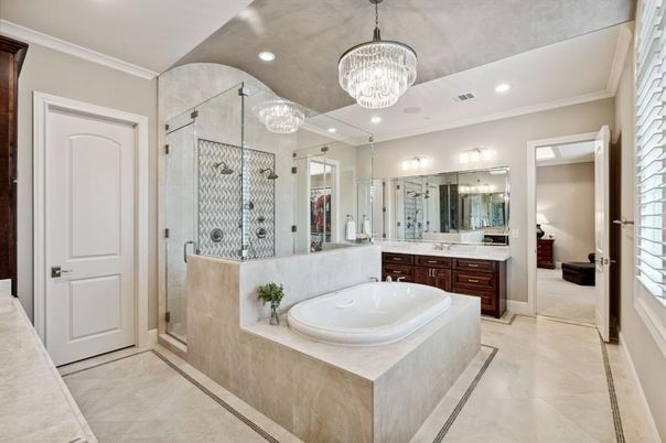 Bathroom, Chandelier, Glass Shower, Interior, Recessed Lighting