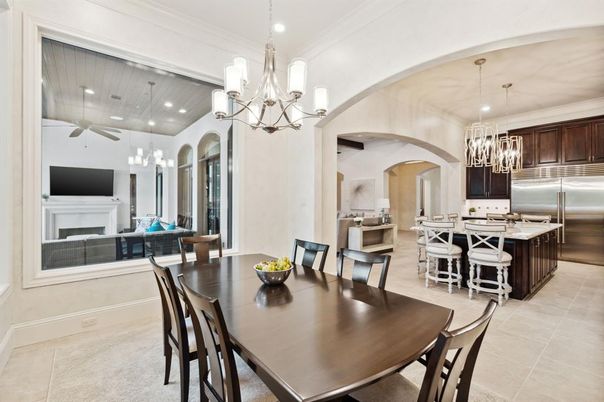 Chandelier, Dining room, Fireplace, Interior, Kitchen, Pendant Lights, Recessed Lighting, Stainless Steel Appliances