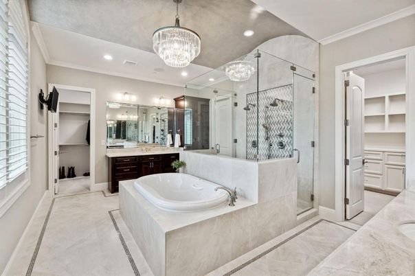 Bathroom, Chandelier, Glass Shower, Interior, Marble, Recessed Lighting
