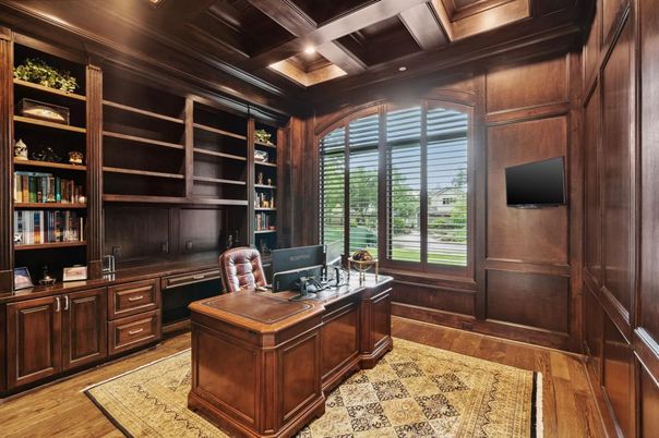 Home Office, Interior, Recessed Lighting, Wooden Beams, Wooden Ceilings, Wood Texture Flooring, Wooden Walls