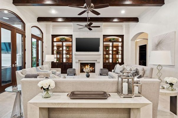 Fireplace, Interior, Living room, Recessed Lighting, Wooden Beams