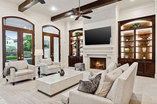 Fireplace, Interior, Living room, Recessed Lighting, Wooden Beams