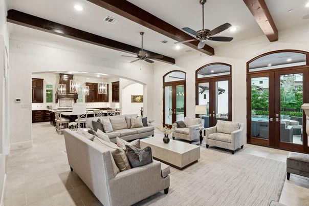 Chandelier, Dining room, Interior, Kitchen, Living room, Recessed Lighting, Wooden Beams