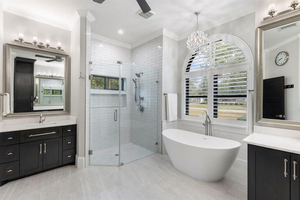 Bathroom, Chandelier, Dual Sink Vanities, Free Standing Baths, Glass Shower, Interior, Recessed Lighting