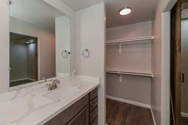 Bathroom, Dual Sink Vanities, Interior, Walk-in Closets, Wood Texture Flooring