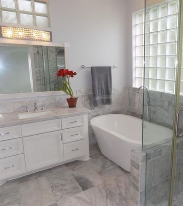 Bathroom, Free Standing Baths, Glass Shower, Interior, Marble, Marble Walls