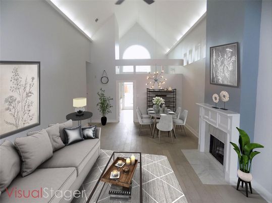 Dining room, Fireplace, Interior, Living room, Pendant Lights, Wood Texture Flooring