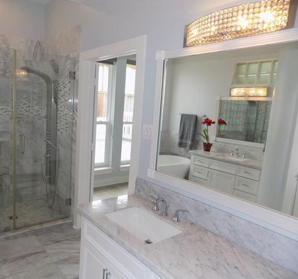 Bathroom, Dual Sink Vanities, Glass Shower, Interior, Marble, Marble Walls
