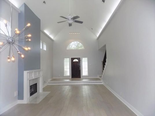 Fireplace, Interior, Pendant Lights, Recessed Lighting, Wood Texture Flooring