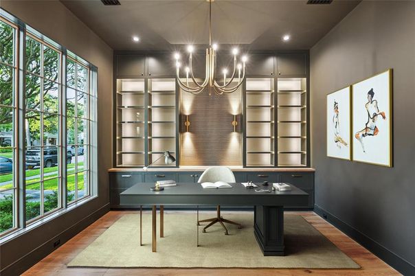 Chandelier, Home Office, Interior, Recessed Lighting, Wood Texture Flooring