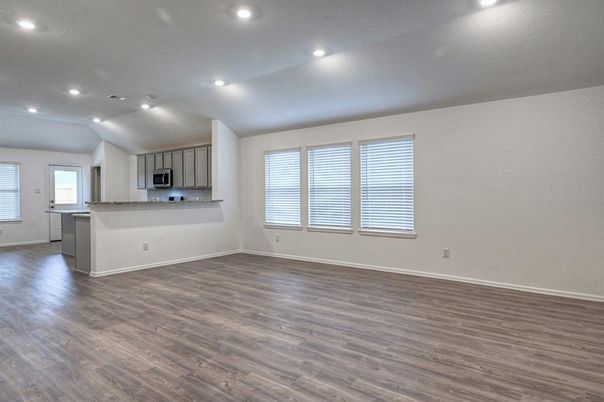 Empty room, Interior, Kitchen, Recessed Lighting, Wood Texture Flooring