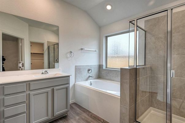 Bathroom, Glass Shower, Interior, Recessed Lighting, Wood Texture Flooring