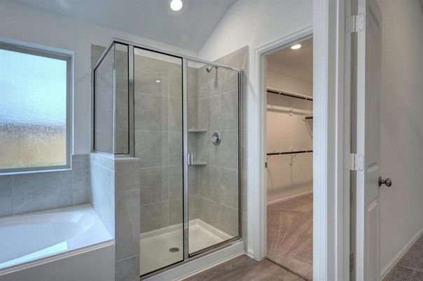 Bathroom, Glass Shower, Interior, Recessed Lighting, Walk-in Closets, Wood Texture Flooring