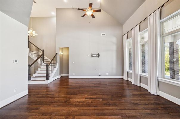 Chandelier, Empty room, Interior, Recessed Lighting, Wood Texture Flooring