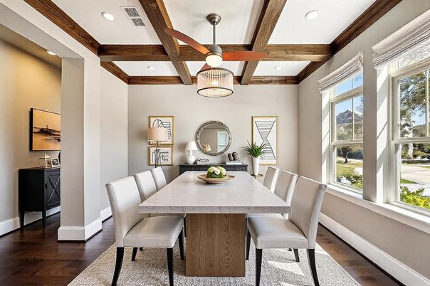 Dining room, Interior, Recessed Lighting, Wooden Beams, Wood Texture Flooring
