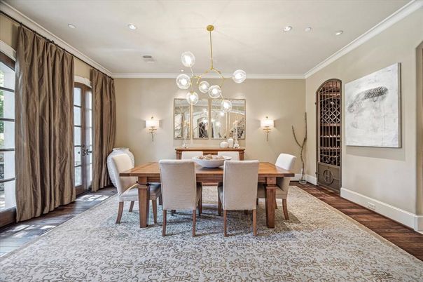 Dining room, Interior, Pendant Lights, Recessed Lighting, Wood Texture Flooring