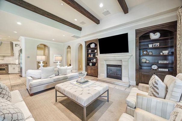 Fireplace, Interior, Living room, Recessed Lighting, Wooden Beams