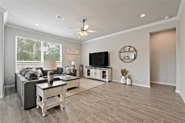 Interior, Living room, Recessed Lighting, Wood Texture Flooring