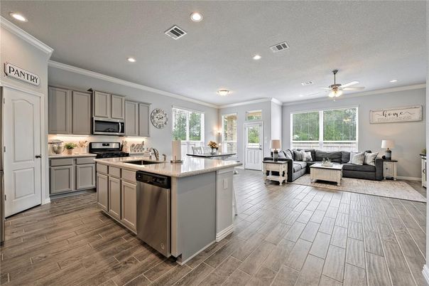 Interior, Kitchen, Living room, Recessed Lighting, Stainless Steel Appliances, Wood Texture Flooring