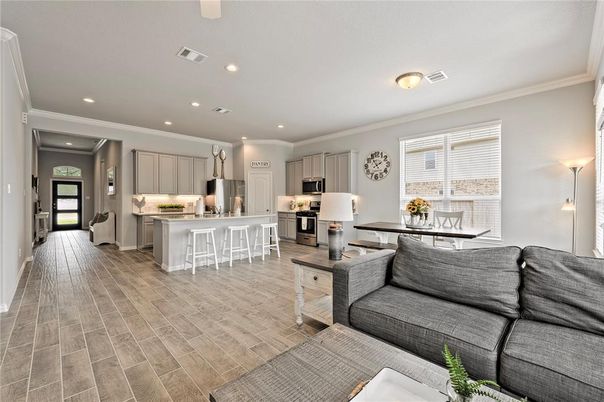 Interior, Kitchen, Living room, Recessed Lighting, Wood Texture Flooring