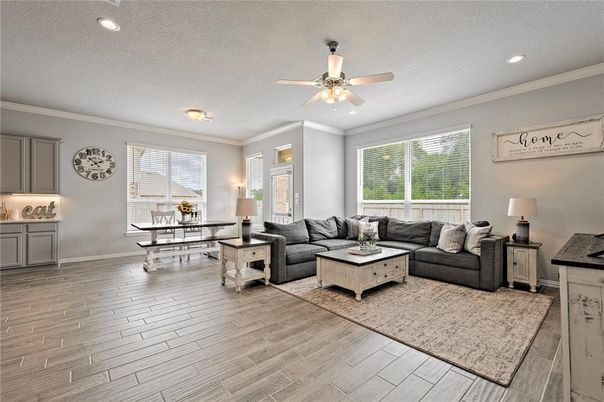 Dining room, Interior, Living room, Recessed Lighting, Wood Texture Flooring