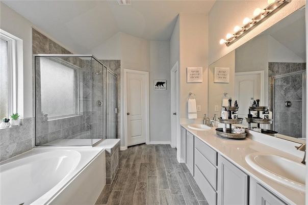 Bathroom, Dual Sink Vanities, Glass Shower, Interior, Wood Texture Flooring