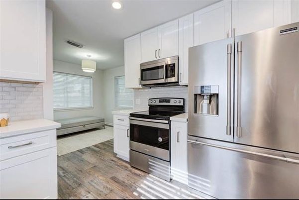 Interior, Kitchen, Recessed Lighting, Stainless Steel Appliances, Wood Texture Flooring
