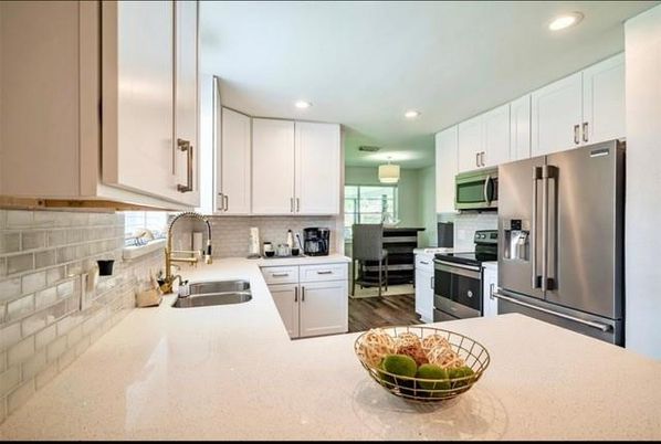 Interior, Kitchen, Recessed Lighting, Stainless Steel Appliances, Wood Texture Flooring