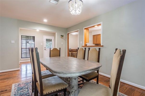 Dining room, Interior, Recessed Lighting, Wood Texture Flooring