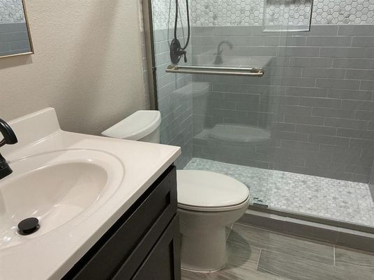 Bathroom, Glass Shower, Interior, Wood Texture Flooring