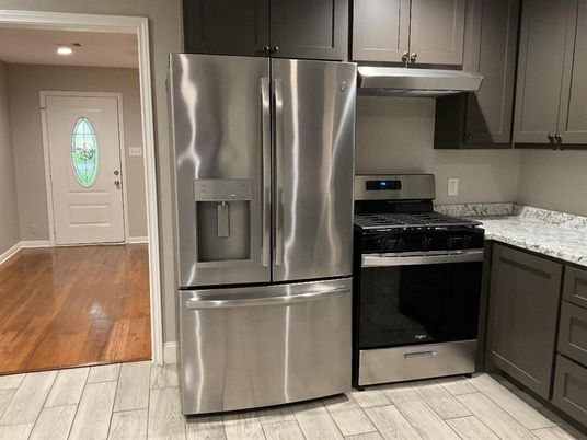 Interior, Kitchen, Recessed Lighting, Stainless Steel Appliances, Wood Texture Flooring