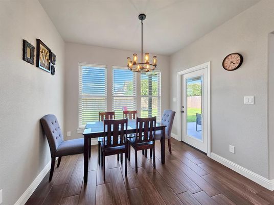 Dining room, Interior, Pendant Lights, Wood Texture Flooring