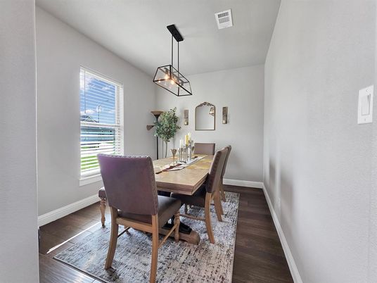 Dining room, Interior, Pendant Lights, Wood Texture Flooring