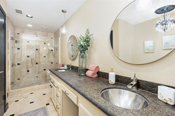 Bathroom, Dual Sink Vanities, Glass Shower, Interior, Pendant Lights, Recessed Lighting