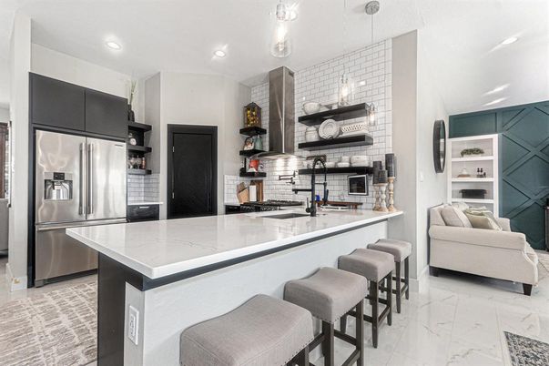 Interior, Kitchen, Marble, Pendant Lights, Recessed Lighting, Stainless Steel Appliances