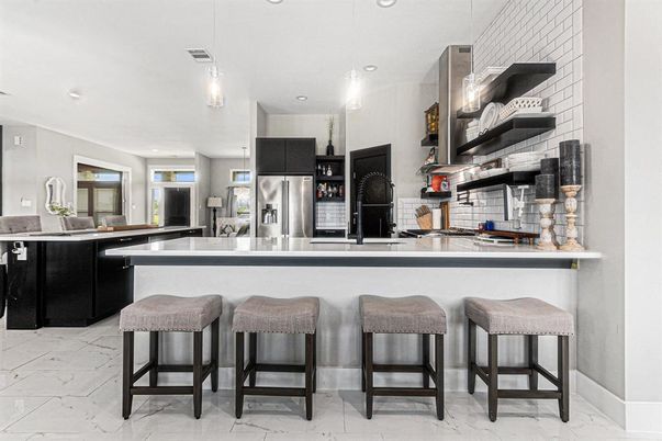 Interior, Kitchen, Marble, Pendant Lights, Recessed Lighting, Stainless Steel Appliances