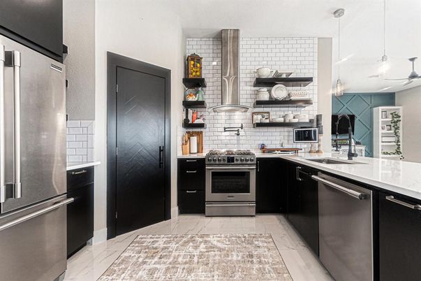 Interior, Kitchen, Marble, Pendant Lights, Stainless Steel Appliances