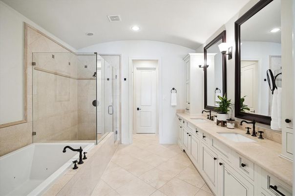 Bathroom, Dual Sink Vanities, Glass Shower, Interior, Recessed Lighting