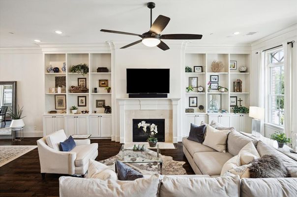 Fireplace, Interior, Living room, Recessed Lighting, Wood Texture Flooring